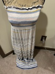 Soma Women’s L White/Blue/Gray/Yellow Striped Knit Maxi Strapless Smocked