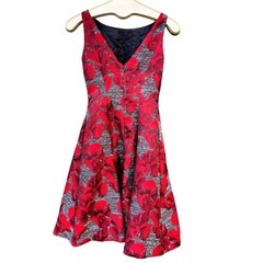 Adrianna Papell Floral Jacquard Fit & Flare Dress Red Black V-Back Old Money 4