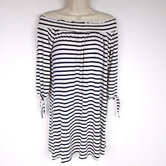 Red Camel Womens Off The Shoulder Dress Medium Beige Blue Stripes 3/4 Sleeve