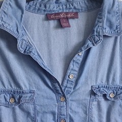 Gloria Vanderbilt Blue Solid Denim look Button Front Shirt Dress Roll Tab 3/4 L