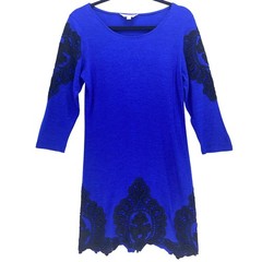 Charming Charlie Royal Blue Lace Applique Knit Tunic Dress Size S 3/4 Sleeve