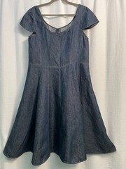 Talbots Blue Linen Looks Like Chambray Fit & Flare Dress Cap Sleeves Size 16 EUC