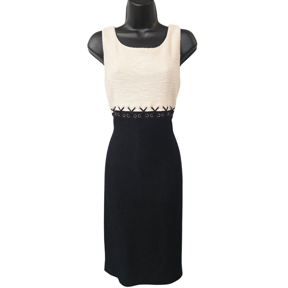 NWT St John Knit Sheath Dress Frost Caviar Sz 8 Metallic Thread Jeweled $1595