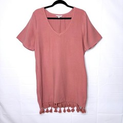 Fate Dress Tassel Fringe V Neck Shift Mini Short Sleeve Medium Mauve Pink Womens