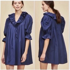 Hunter Bell Sullivan Ruffled Neck Puff Sleeve Mini Dress Navy SZ Small