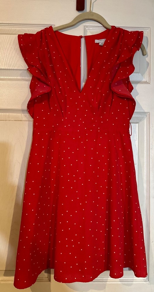 Mini Dress V Neck Slit Back Button Red Polka Dot Flutter Sleeve M Favlux