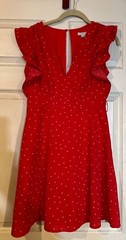 Mini Dress V Neck Slit Back Button Red Polka Dot Flutter Sleeve M Favlux