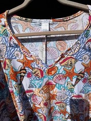 XL/1X/2X/3X White Blue Yellow Pink Shells Print Kaftan Knit Beach Cover Dress