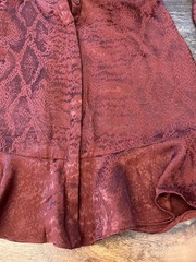 Express Brown Snakeskin Pattern Silky Ruffle Tie Neck Front Button Up Dress SP