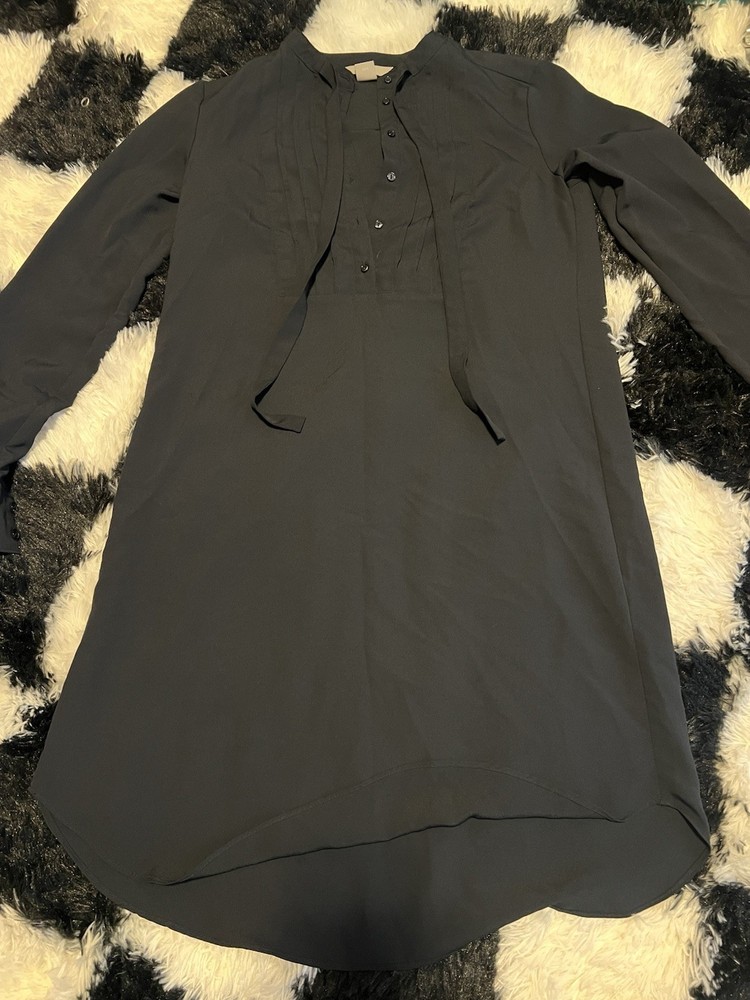 H&M Black Solid Button-Front Bow Accents Long Sleeve Knee-Length Shirt Dress XS