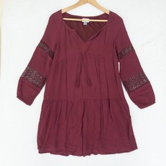 Old Navy Tiered Mini Dress Womens XS Burgundy Red Boho Empire Waist Tassel New