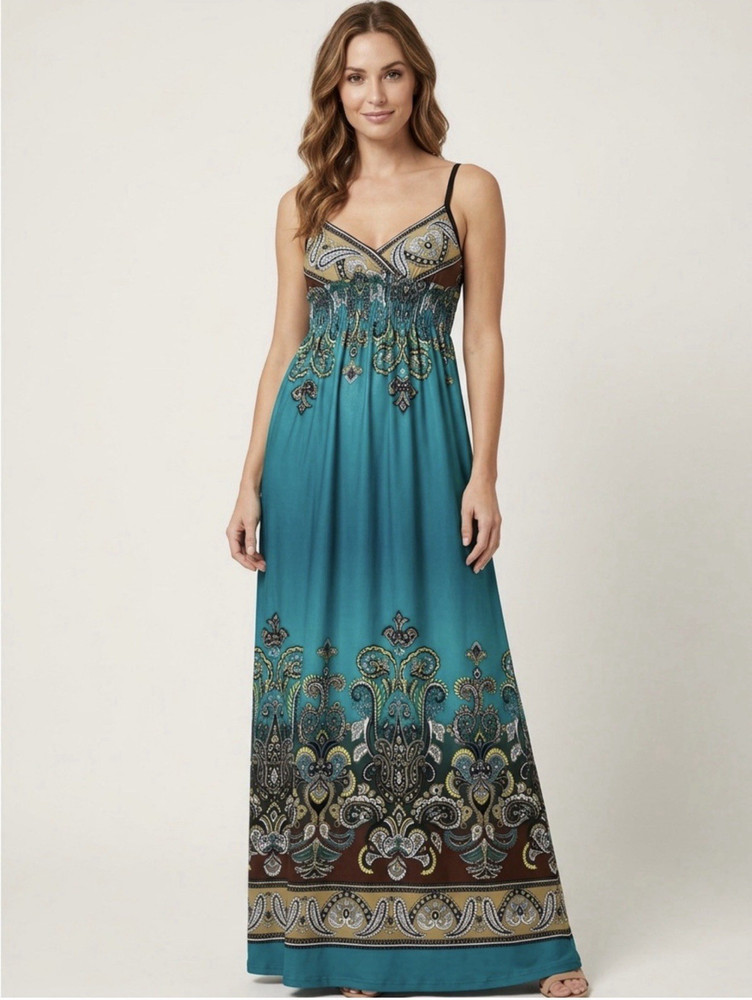 Bailey Girl Teal Paisley Maxi Dress V-Neck Adjustable Straps Smocked S