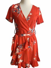 Locryz Women Small Dress Mini Wrap Cottagecore Blaze Orange Floral Romantic