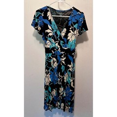 Croft & Barrow Petite Medium Floral Faux Wrap Dress Blue Black Short Sleeve NWT