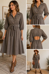 Mulla Gray Brown Shirt Dress Collared Balloon Sleeve Belted L Linen cottagecore