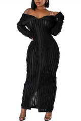 Off Shoulder Button Up Fringe Maxi Dress