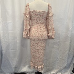 Petal & Pup Bonita Dress Womens Sz 6Pink Floral Shirred Midi Long Sleeve Bodycon