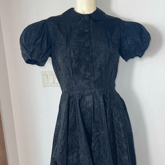 Vintage 1930’s 1940’s Black Puff Sleeve Full Sweep Half Button Dress Size XXS