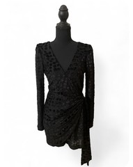 Lulus Velvet Little Black Dress Sparkle LBD, Mini Length with Bow, Long Sleeve