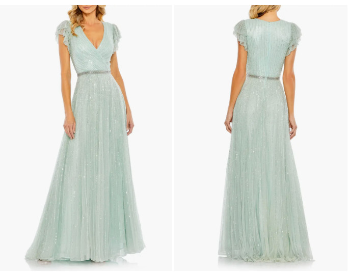MAC DUGGAL 5502 SEQUINED WRAP OVER RUFFLED CAP SLEEVE SEAMIST GOWN sz 10