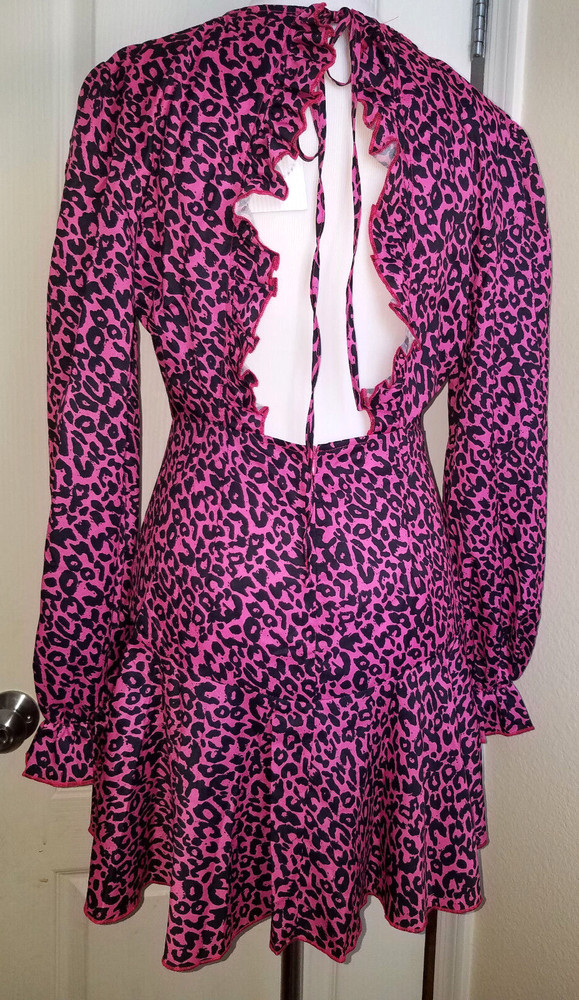 Bella Barnett Pink Black Cheetah Ruffle Open Back V Neck Dress Medium NEW