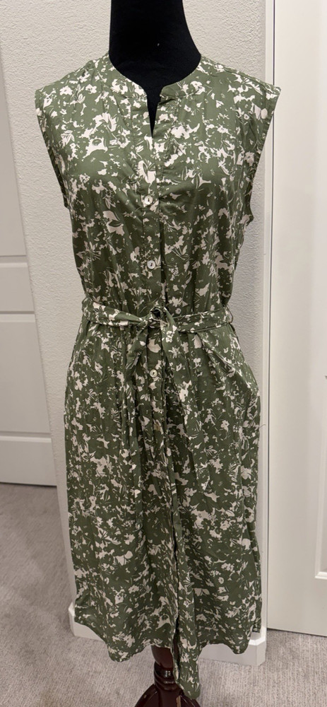 Amour Vert Green Garden Floral print Organic Cotton Belted Sundress S Romantic