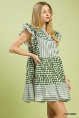 Umgee Mix Patchwork Flutter Sleeve Tiered Dress – Green Mix – Large