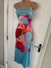 Floral Orchid Print Bodycon Strappy Maxi Dress Blue Pink M UK 12-14 B100