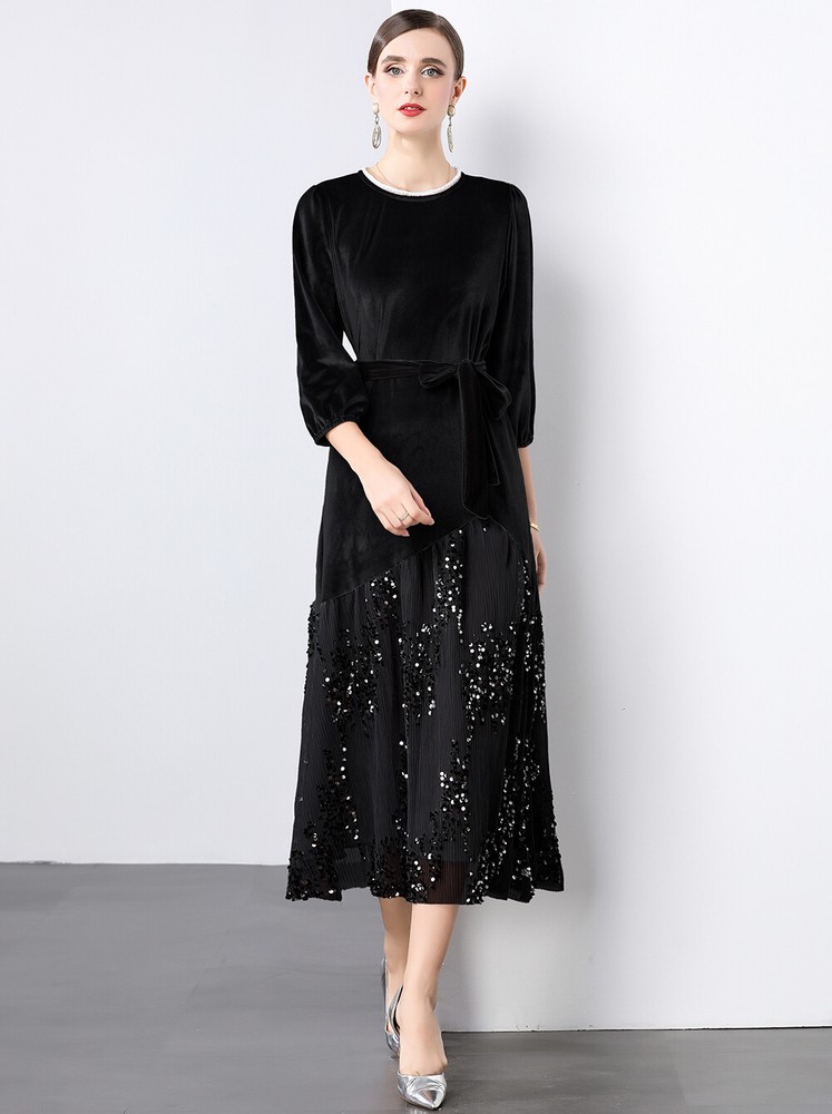 Velvet Sequins Patchwork Crew Neck Bow Hollow Out Women Casual Party Lace Dress