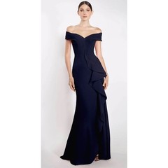 Ignite Evenings Off the Shoulder Ruffle Drape Slit Crepe Gown Blue Size 16 $239