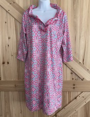 Gretchen Scott Ruffneck Turquoise Pink 3/4 Sleeve Tropical Resort Dress Sz L
