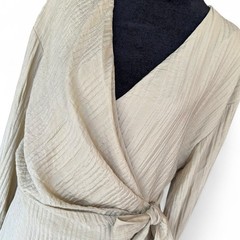 Zara Wrap Dress Fall Long Sleeve Textured Neutral Tan Midi Ankle Minimalist Med