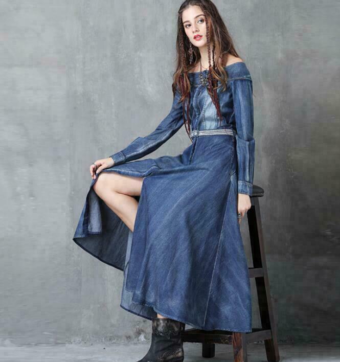 Retro Womens Off-shoulder Denim Belted Long Sleeve Split Dress Party Prom