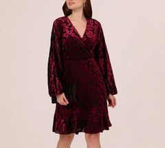 Adrianna Papell Women&rsquo;s Velvet Burnout Faux-Wrap Dress Burgundy Black
