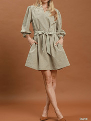 Umgee USA Umgee Textured Contrast Trim Tie Waist Olive Puff Sleeve Mini Dress