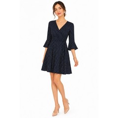 Everly Navy Blue Polka Dot Fit and Flare Dress Bell Sleeve V-Neck Womens L