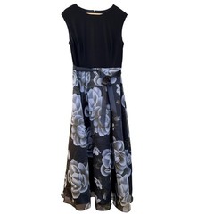 SLNY Black Grey Floral Organza Ball Gown Maxi Dress Cap Sleeve Round Neck Belted