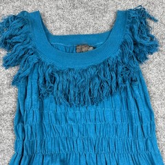 Women&rsquo;s Teal Blue Knit Dress Shag Fringe Trim Smocked Boho Tunic Small
