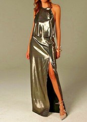 Halston Heritage Dramatic Open Back Metallic Silk Halter Dress Size 6