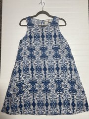 Rachel Zoe 100% Linen Trapeze Dress size M Blue White Geometric Print Pockets