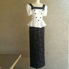 Vintage &lsquo;Barbie Doll&rsquo; Black & White Gown Button & Bow Detail