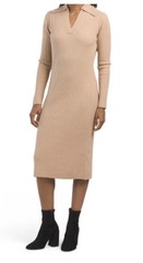 Elie Tahari Cashmere Wool Sweater Dress Camel Rib Knit Collared Midi Sz S