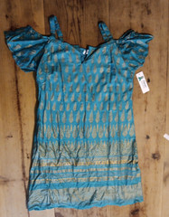Lapogee Womens L Mini Dress Teal Gold Cold Shoulder Boho 100% Rayon Indian NWT
