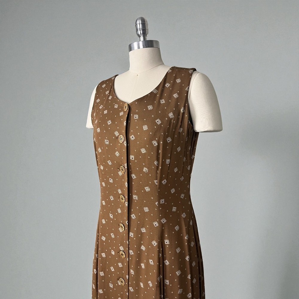 Vintage Ka-Wa Brown & White Geometric Sleeveless Button Down Swing Dress M