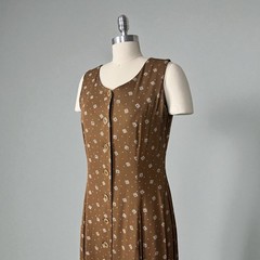 Vintage Ka-Wa Brown & White Geometric Sleeveless Button Down Swing Dress M