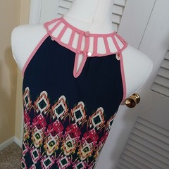 Minteau Couture 16(XL) Halter Dress A Line Navy/Pink/Green Cut-Out Neck Lined