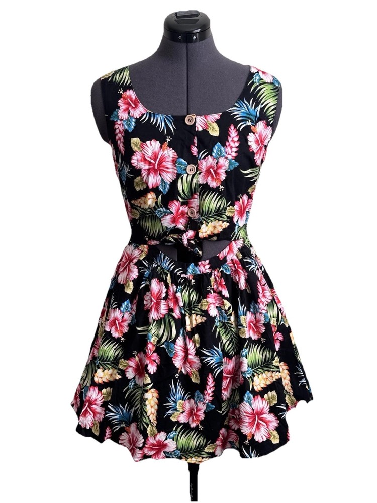 Hell Bunny Vixen black/multi ‘Maui’ floral tropical cut out mini dress small