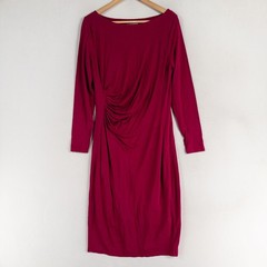 Boden Dress 12 LONG Raspberry Red Stretch Knit Lined Pleated Long Sleeve Sheath