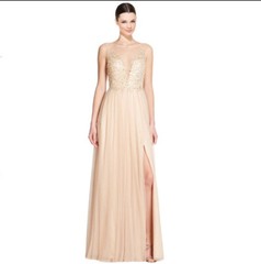 Basix Black Label EMBELLISHED ILLUSION Gold Cream Beige BALL GOWN Sz.0