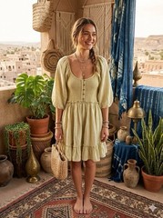 Free People Summer Picnic Mini Dress Smocked Back Tie Puff Sleeve Yellow XS